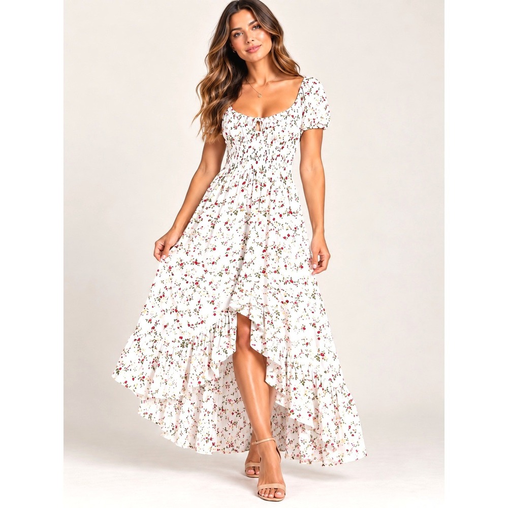 Justify Women White Floral Smocked High Low Ruffle Maxi Dress Size Small